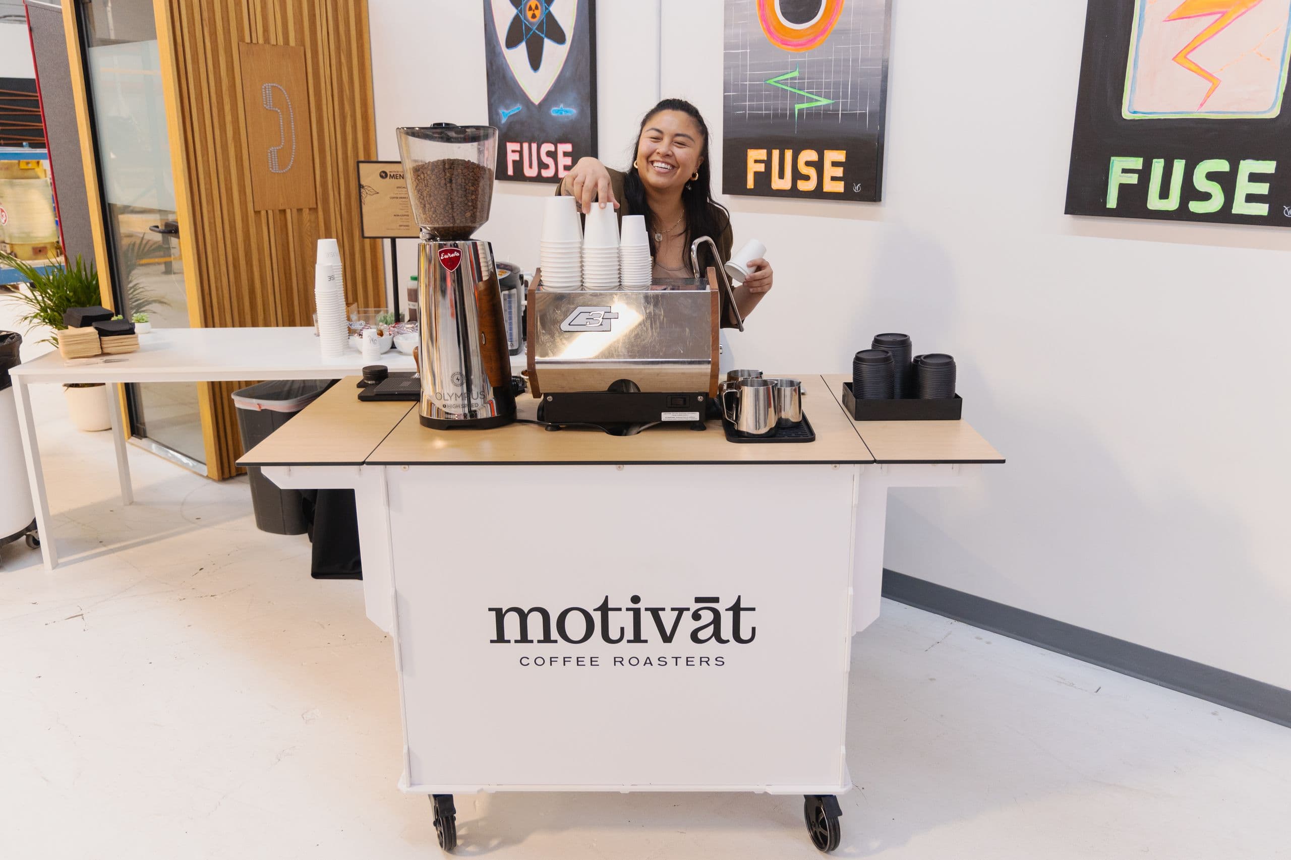 Motivāt mobile coffee cart set up and ready to serve at an event