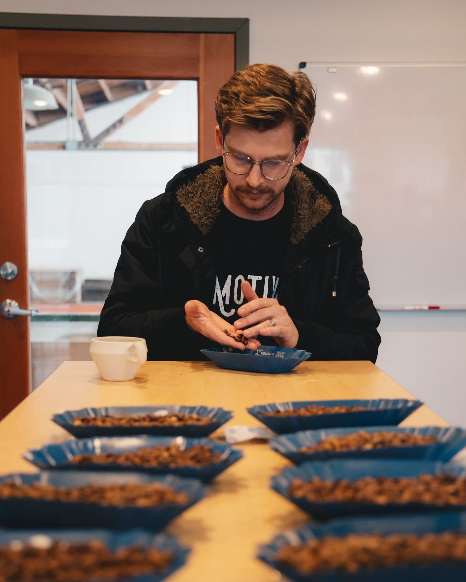 Cupping session at the Motivāt roastery in Downtown Oakland