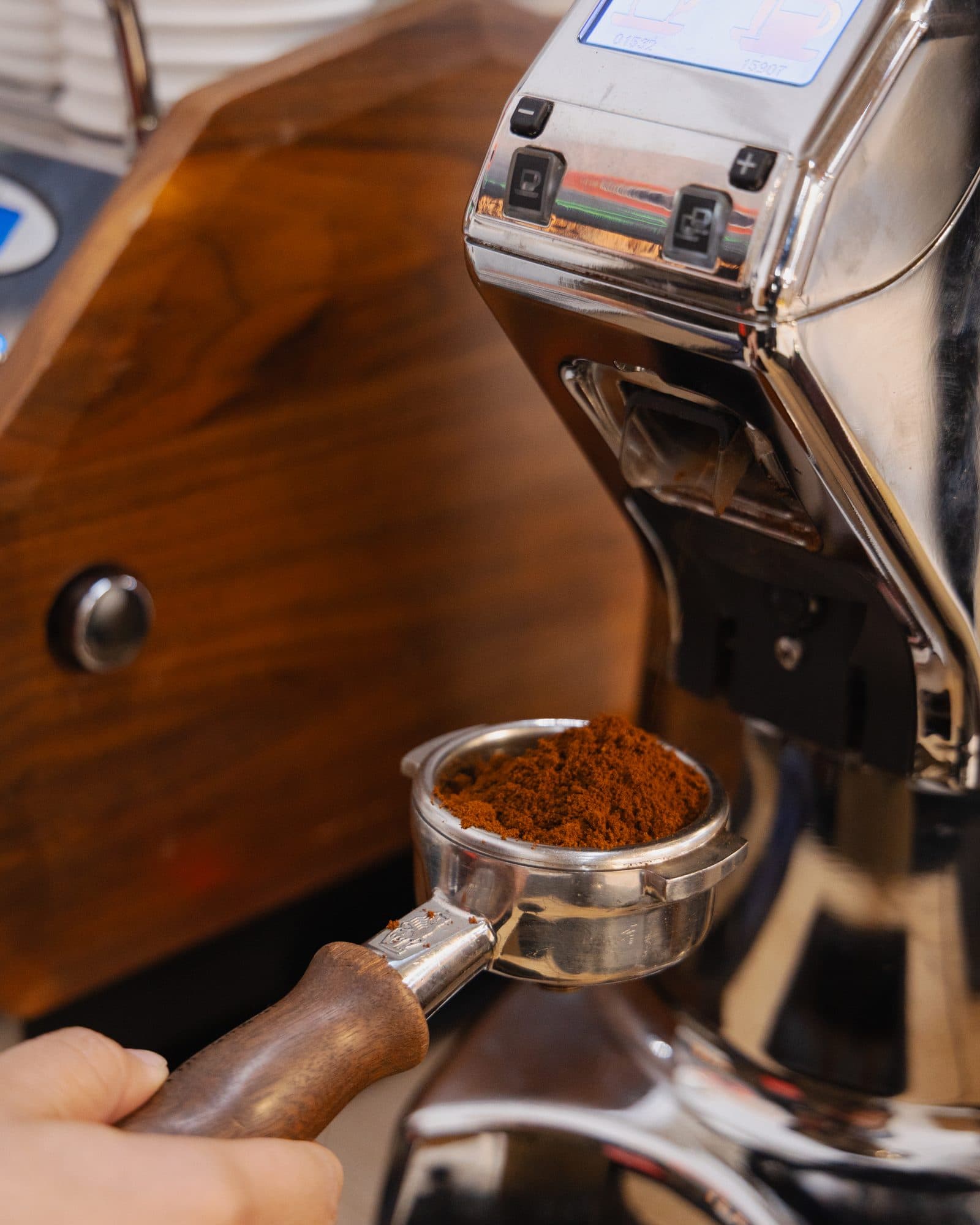 Freshly ground espresso in the portafilter at the Motivāt espresso bar